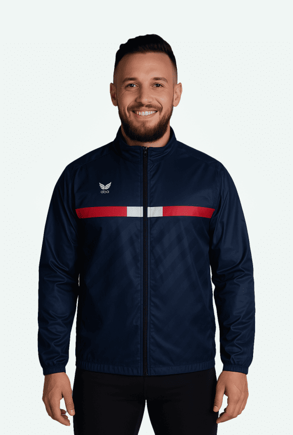 Corta vento azul marinho com listras vermelhas e brancas